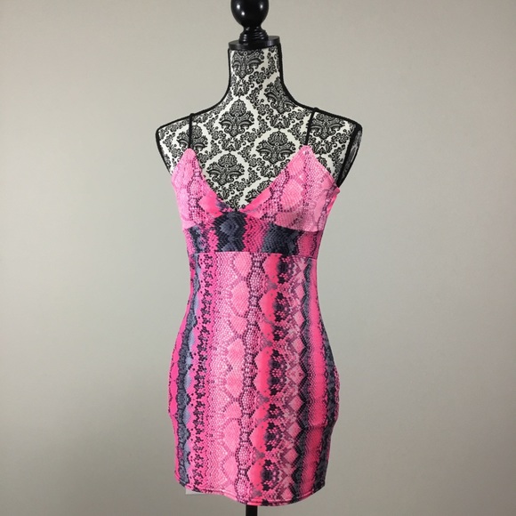 I-X London Snake Print Strappy Plunge Bodycon Nighty Slip Dress Pink - Picture 6 of 15